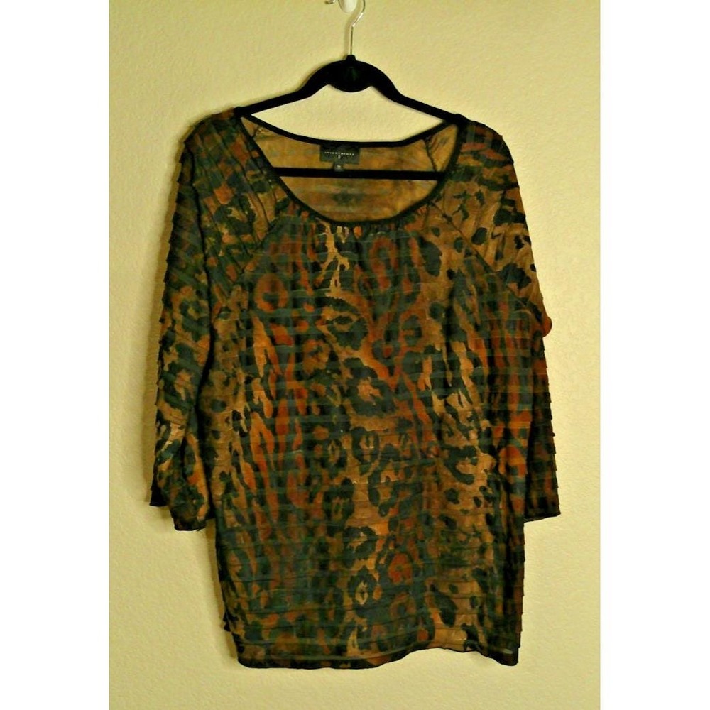 Investments II Womens 3X Blouse Brown Animal Print Tiered Mesh 3/4 Sleeve Top